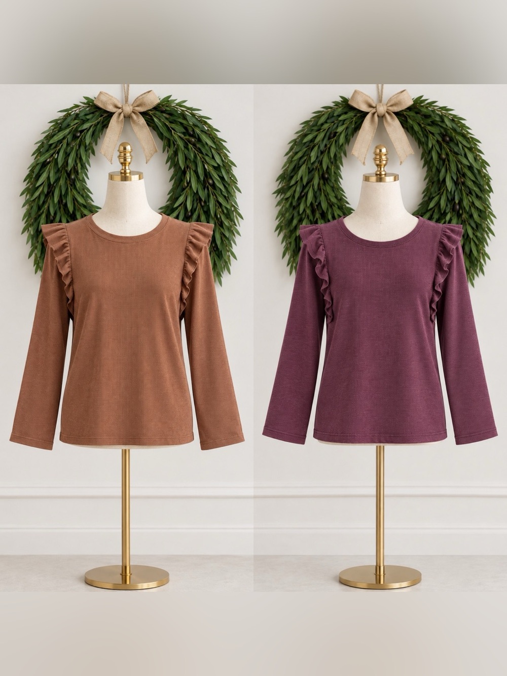 Bundle of 2 GAP Ruffle Long Sleeve Tees- Brown & Plum XL